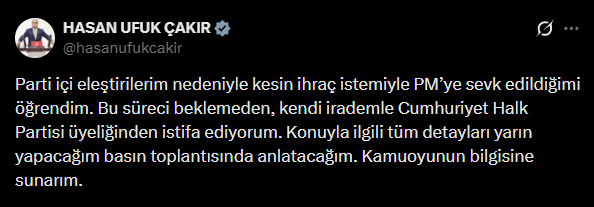 CHP kesin ihraç istedi, Hasan Ufuk Çakır istifa etti
