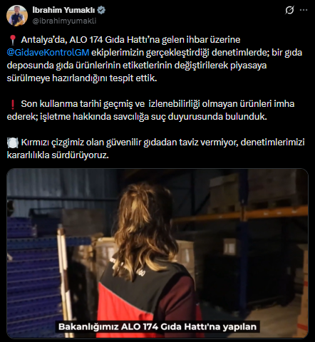 Bakan Yumaklı'dan Antalya'da gıda deposunda tespit edilen ürünlere ilişkin paylaşım Bakan Yumaklı'dan Antalya'da gıda deposunda tespit edilen ürünlere ilişkin paylaşım