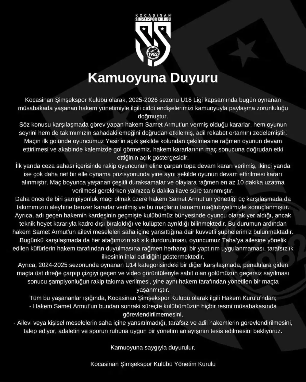 Kocasinan Şimşekspor\'dan Hakem Eleştirisi