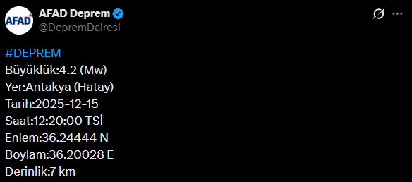 Hatay'da 4.2 büyüklüğünde deprem Hatay'da 4.2 büyüklüğünde deprem