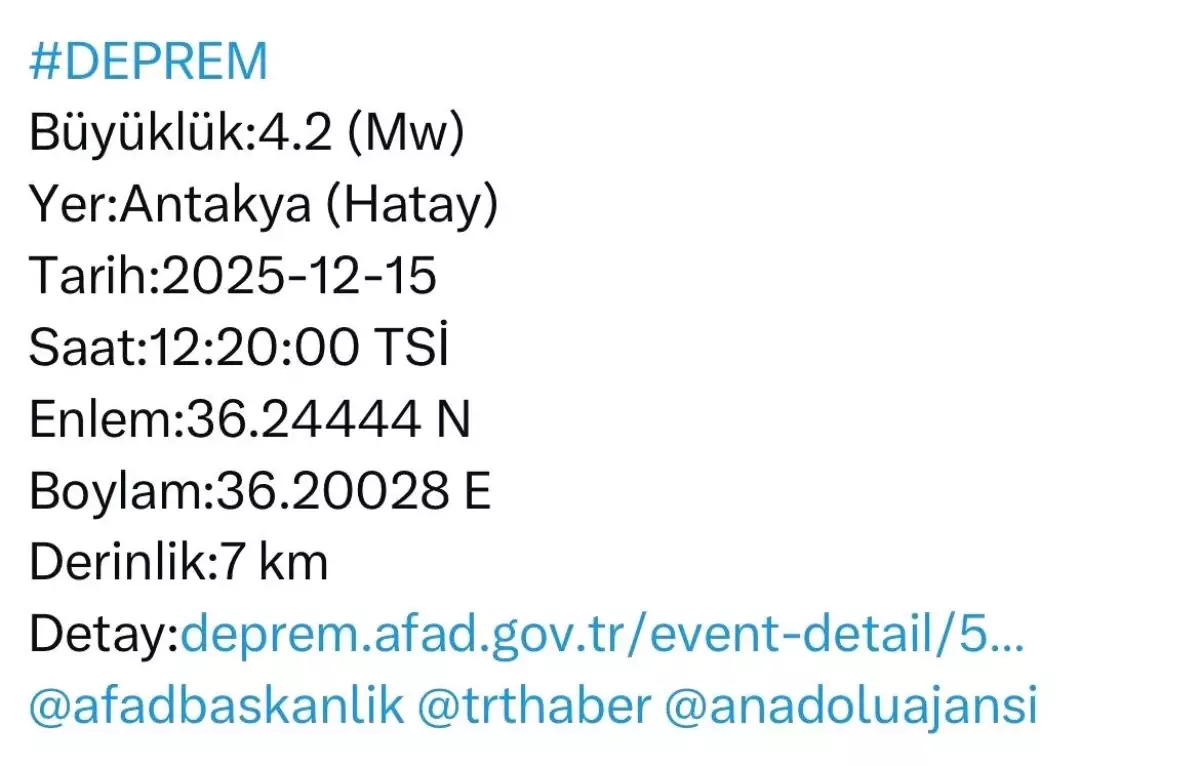 Hatay\'da 4.2 Büyüklüğünde Deprem