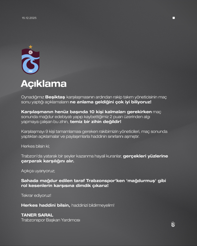 Trabzonspor, Beşiktaş'ı gece yarısı bombaladı: Haddinizi bildirmeyelim