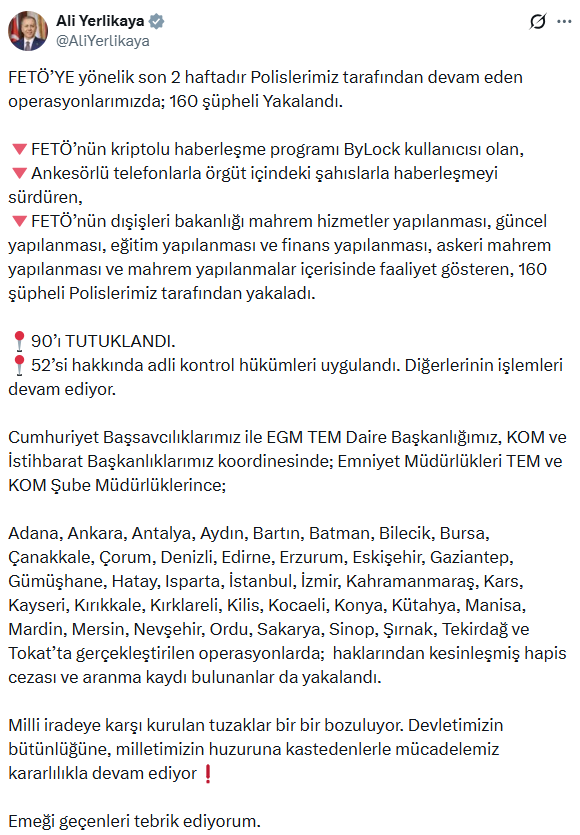FETÖ'ye ağır darbe! ByLock kullanan 160 kişi yakalandı FETÖ'ye ağır darbe! ByLock kullanan 160 kişi yakalandı