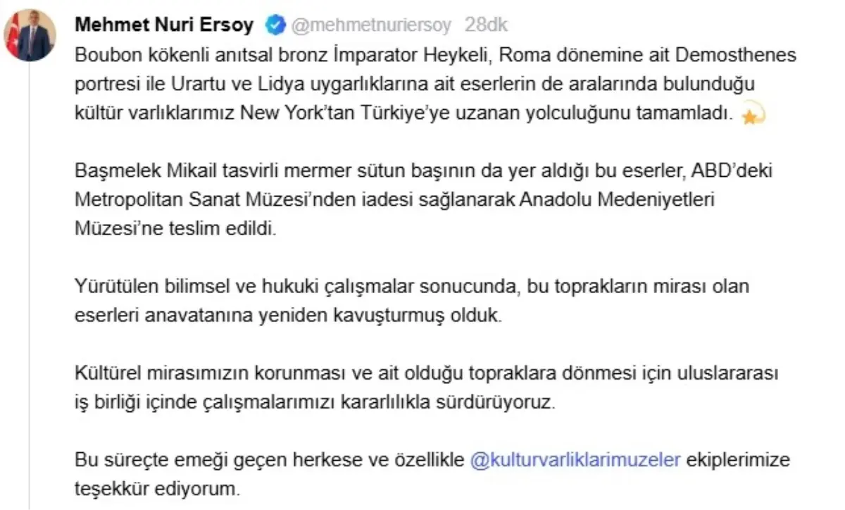 Tarihi Eserler Türkiye\'ye İade Edildi