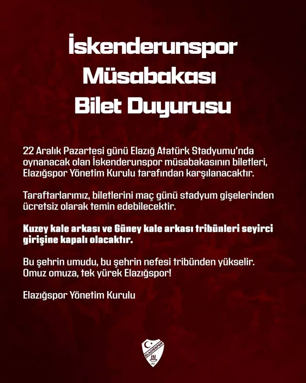 Elazığspor\'dan Ücretsiz Bilet Müjdesi