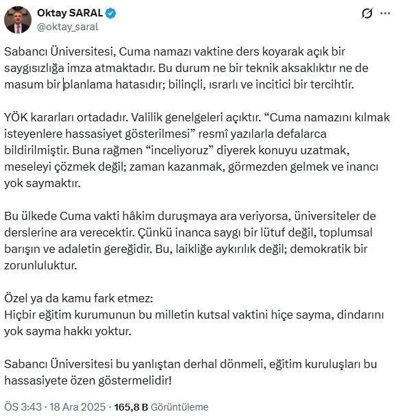 Oktay Saral'dan Sabancı Üniversitesi'ne 'cuma namazı' tepkisi
