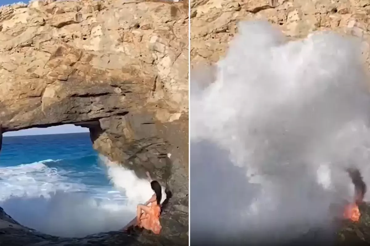 Fotoğraf uğruna canından oluyordu: Dev dalga turisti denize sürükledi