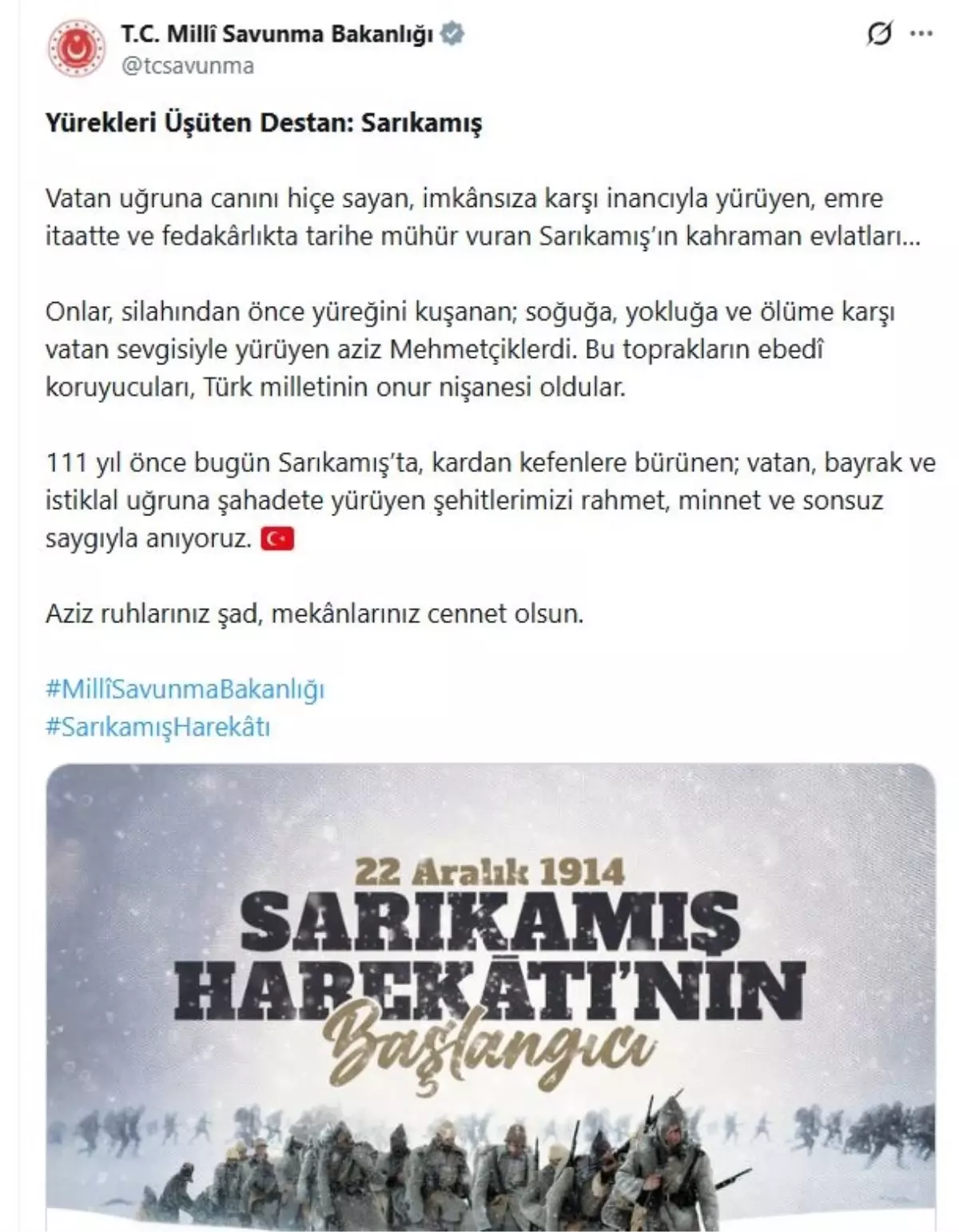 Milli Savunma Bakanlığı, Sarıkamış şehitlerini andı