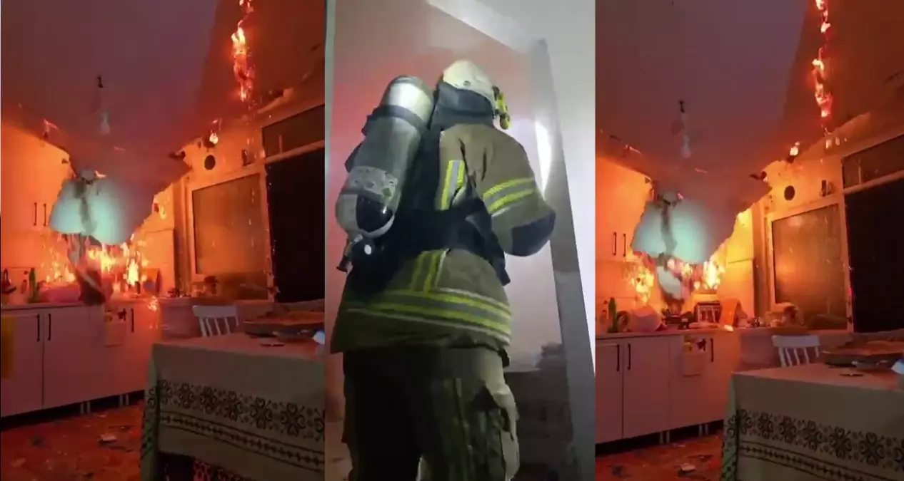 Yangında tavan çöktü, itfaiye ekipleri ölümden döndü... O anlar kameraya yansıdı