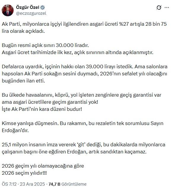 CHP Genel Başkanı Özel'den yeni asgari ücrete tepki