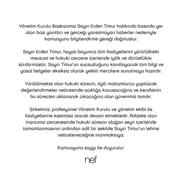 Nef'ten Erden Timur açıklaması: Tüm yasal belgeler hazırdır