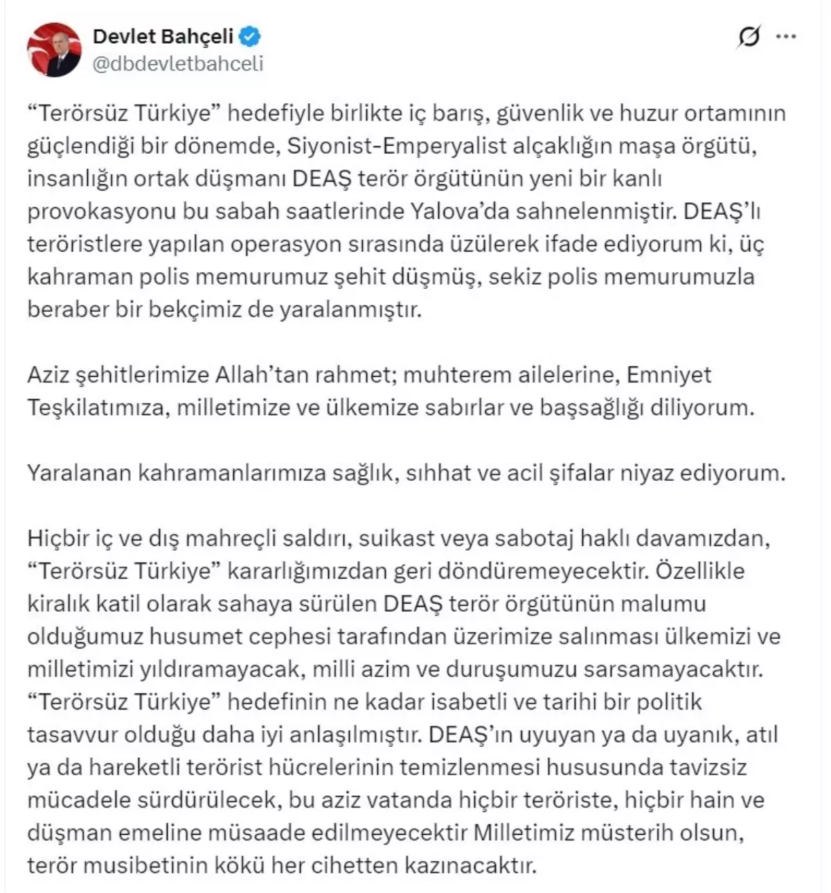 Bahçeli: Terör musibetinin kökü her cihetten kazınacaktır