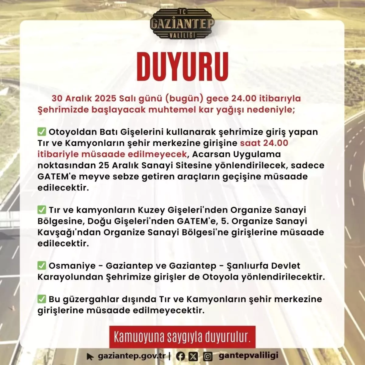 Gaziantep\'te Kar Yağışı Nedeniyle Trafik Kısıtlamaları