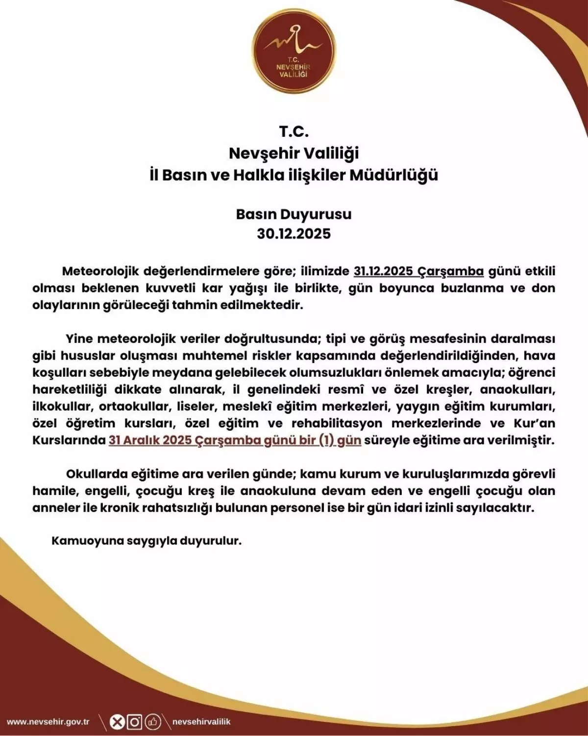 Nevşehir\'de Kar Yağışı Nedeniyle Okullar Tatil