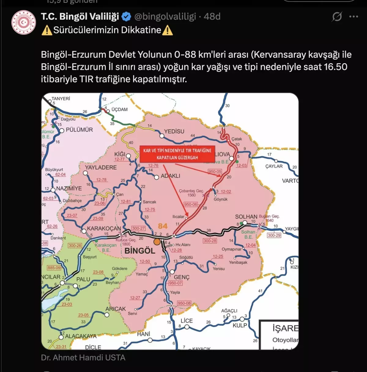 Bingöl-Erzurum Yolu TIR Trafigine Kapandı