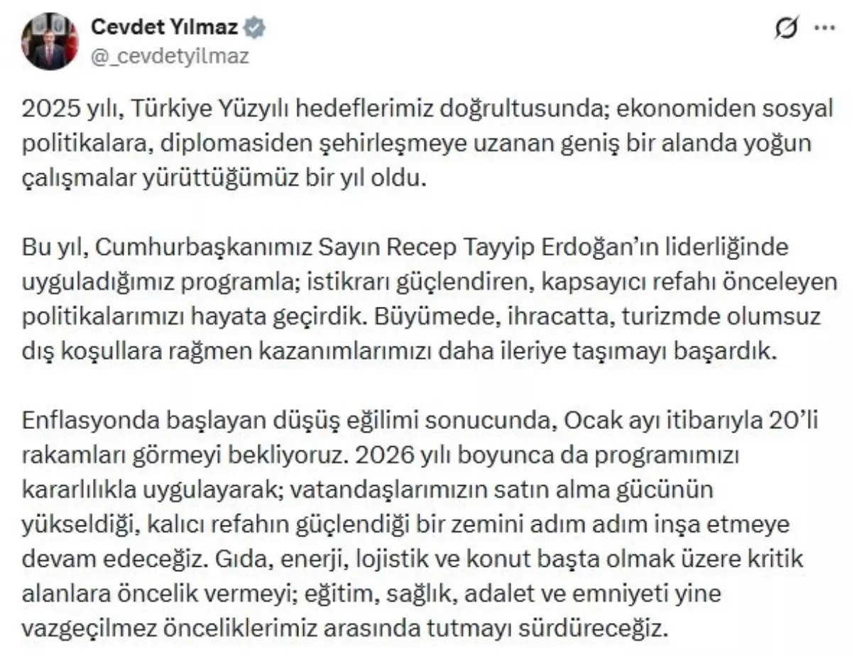 Cevdet Yılmaz: 2026\'da programımızı kararlılıkla uygulayacağız