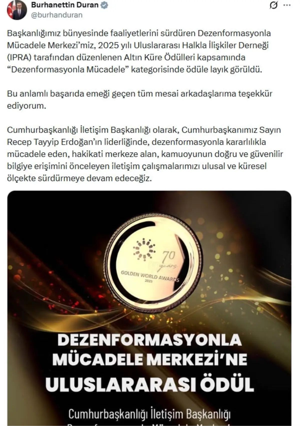 İLETİŞİM Başkanı Burhanettin Duran, Altın Küre Ödülleri\'nde ödüle layık görüldü