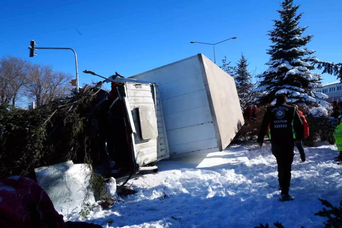 Erzurum\'da Devrilen Kamyon Ağaç Sökerek Kaza Yaptı