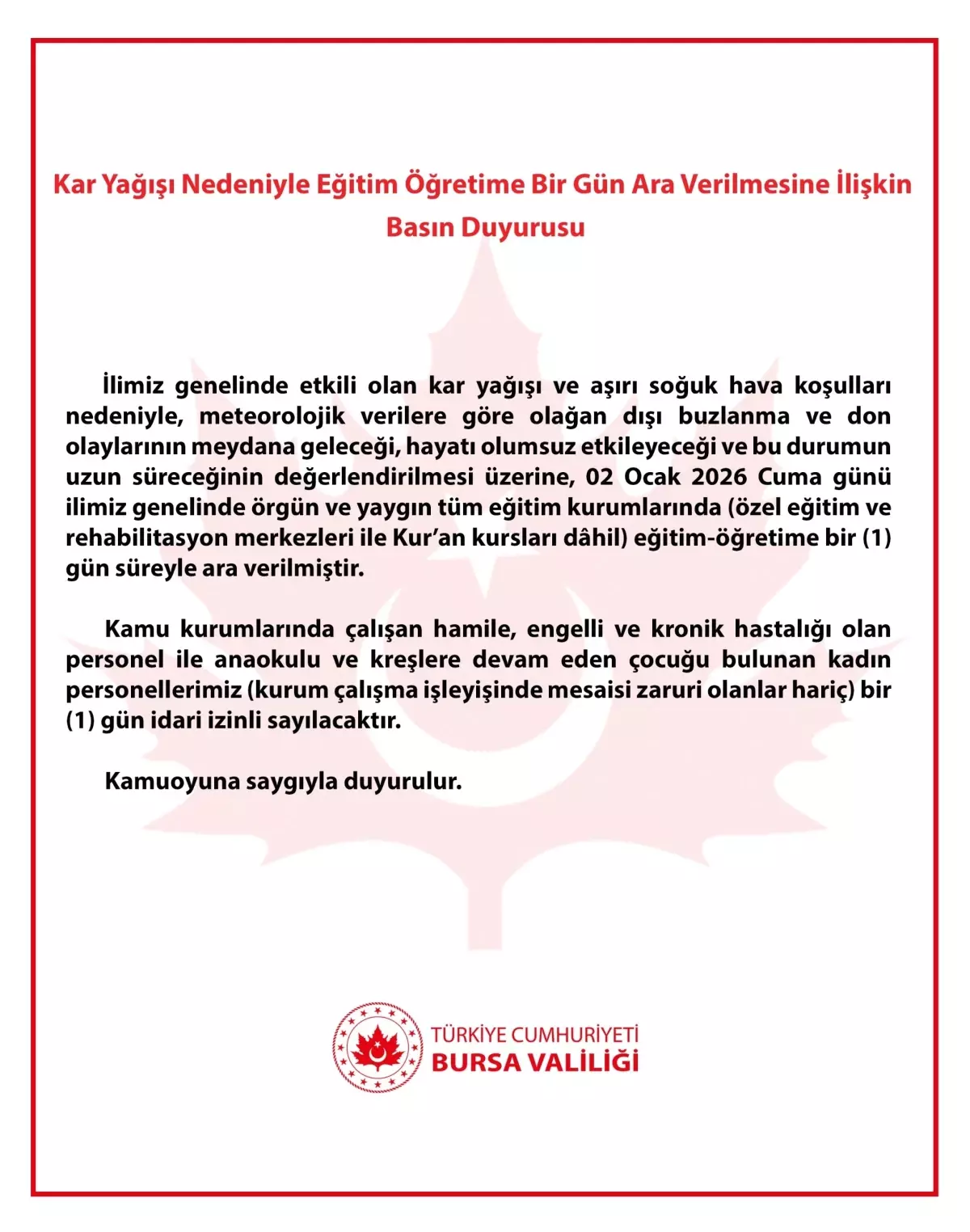 Bursa\'da Eğitime 1 Gün Kar Tatili