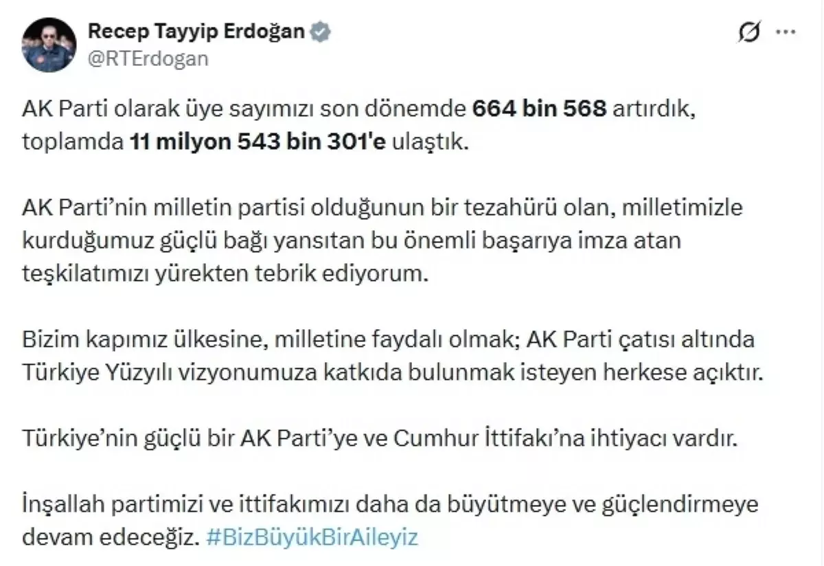 Cumhurbaşkanı Erdoğan: AK Parti üye sayısı 11 milyon 543 bin 301\'e ulaştı
