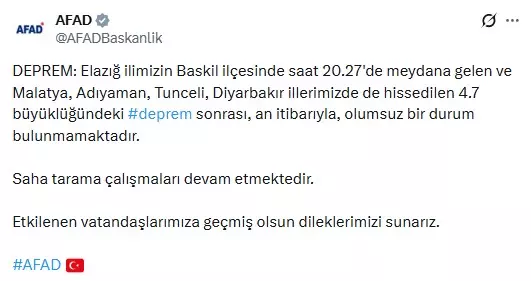 Elazığ'da 4.7 büyüklüğünde deprem