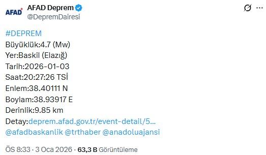 Elazığ'da 4.7 büyüklüğünde deprem