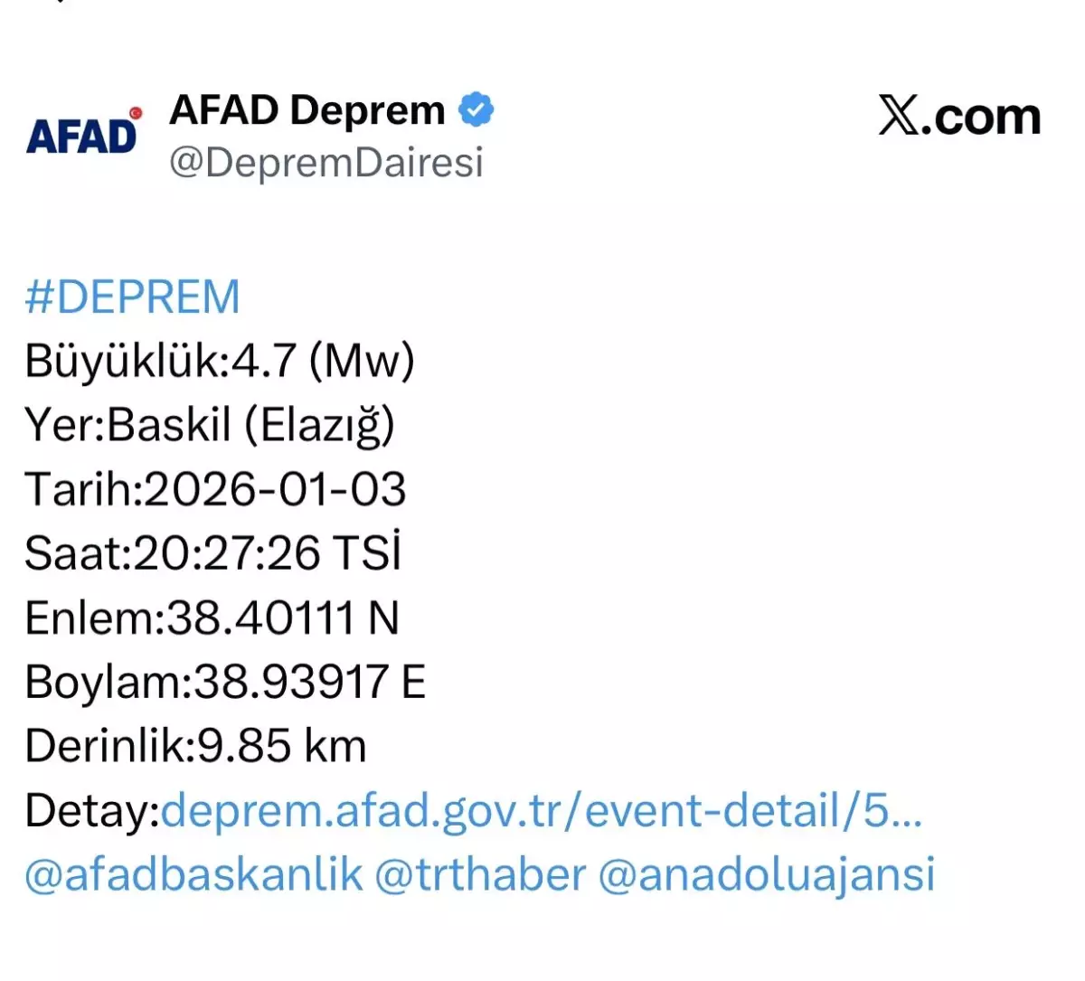 Elazığ\'da 4.7 Büyüklüğünde Deprem