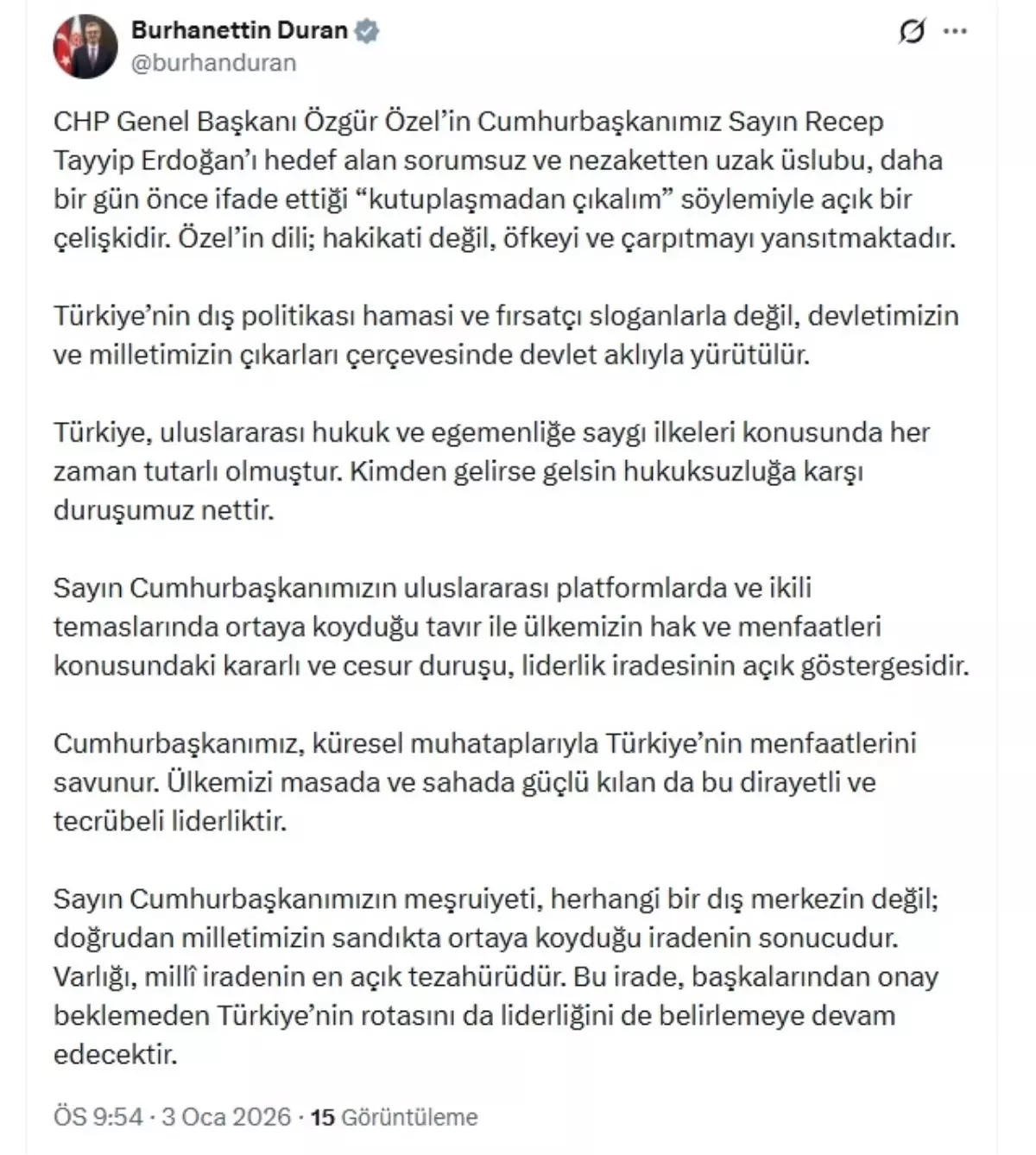 İletişim Başkanı Duran\'dan, Özgür Özel\'in Cumhurbaşkanı Erdoğan\'a yönelik sözlerine tepki