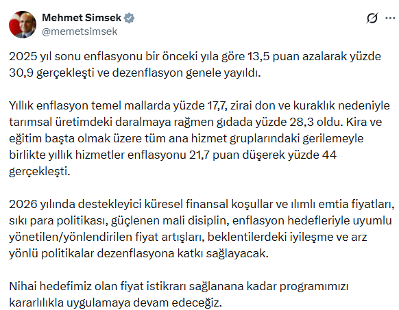 Bakan Şimşek'ten enflasyon mesajı: Dezenflasyon genele yayıldı
