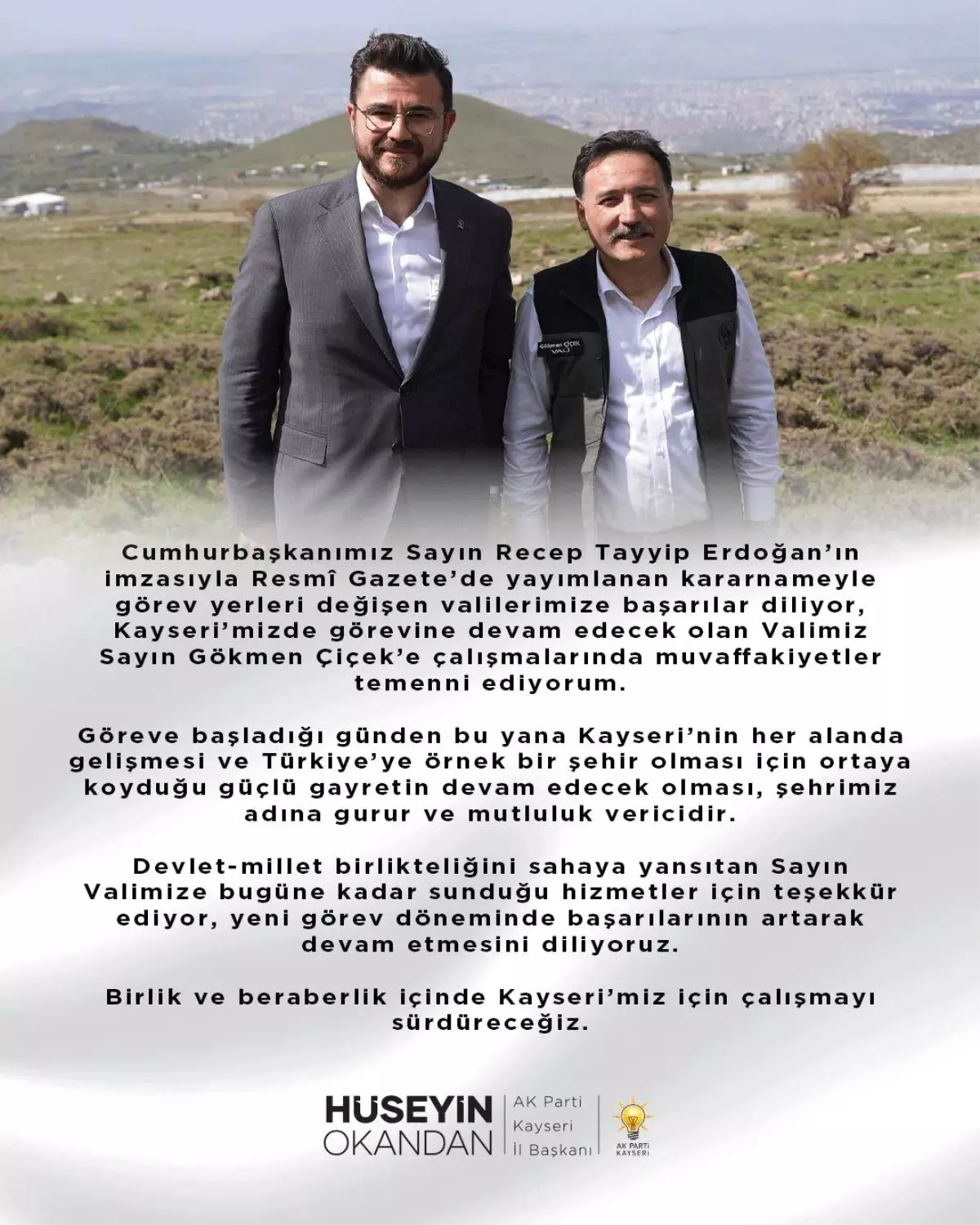 Başkan Okandan: "Birlik ve beraberlik içinde Kayseri\'miz için çalışmayı sürdüreceğiz"