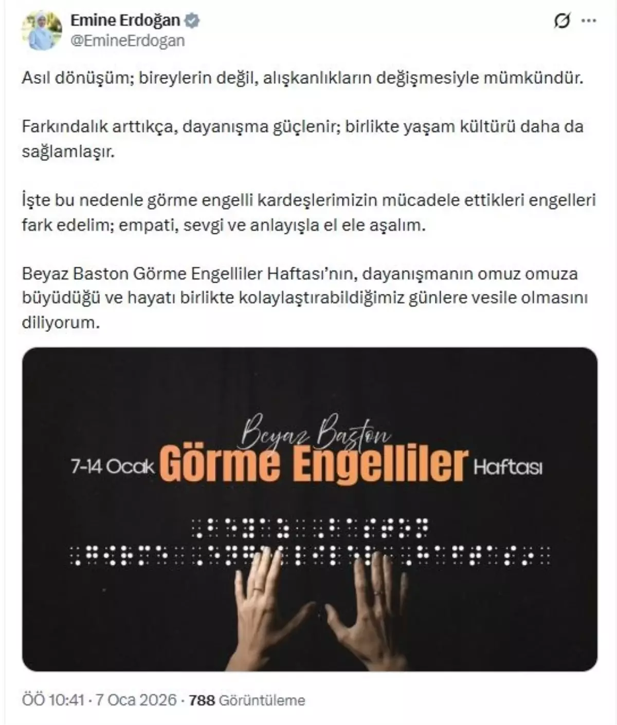 Emine Erdoğan\'dan Görme Engelliler Haftası Paylaşımı