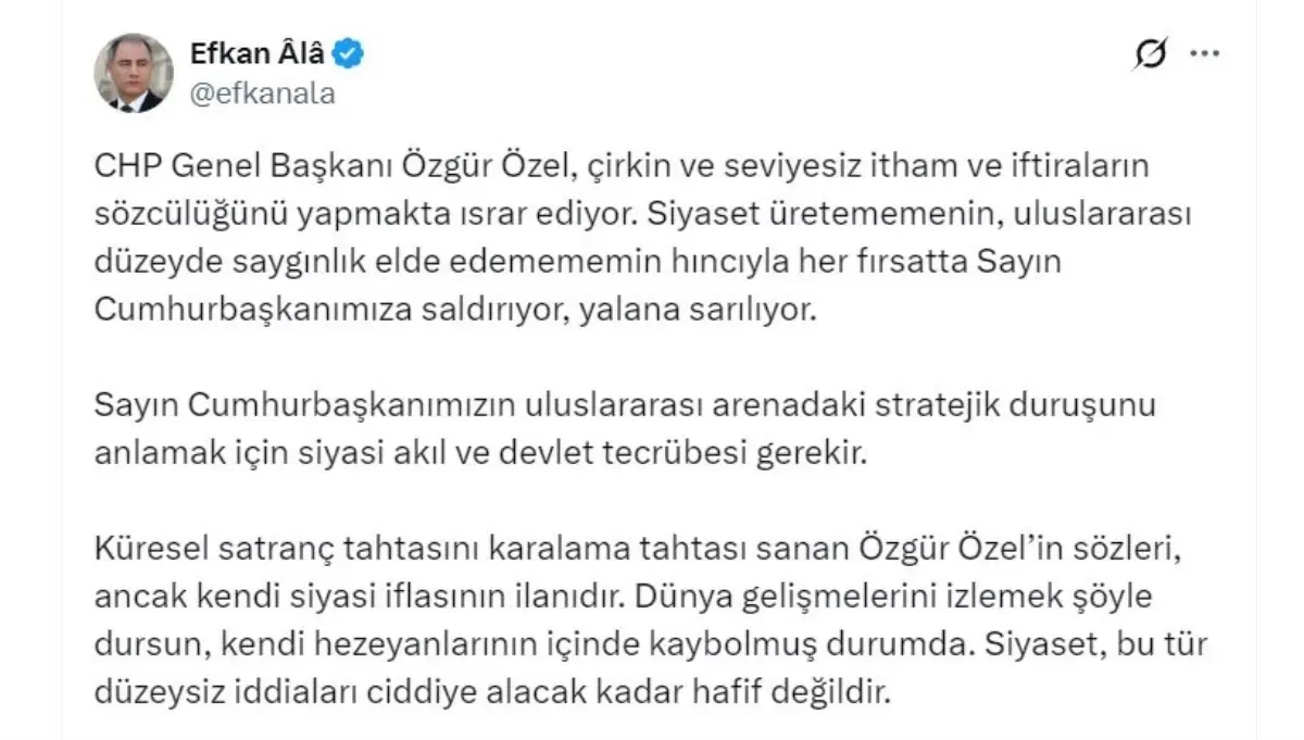 AK Parti\'li Ala: Özgür Özel\'in sözleri, kendi siyasi iflasının ilanıdır