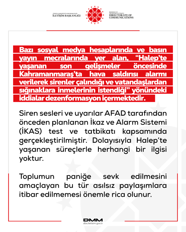 DMM, 'Halep'te yaşanan son gelişmeler öncesinde Kahramanmaraş'ta vatandaşlardan sığınaklara inmelerinin istendiği' iddialarını yalanladı