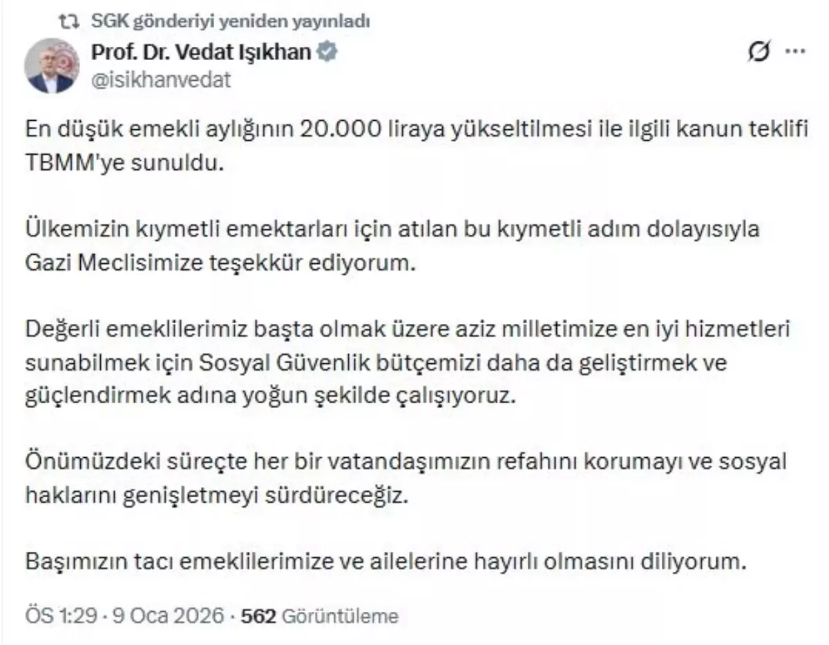 Emeklilere 20 bin TL Aylık Teklifi