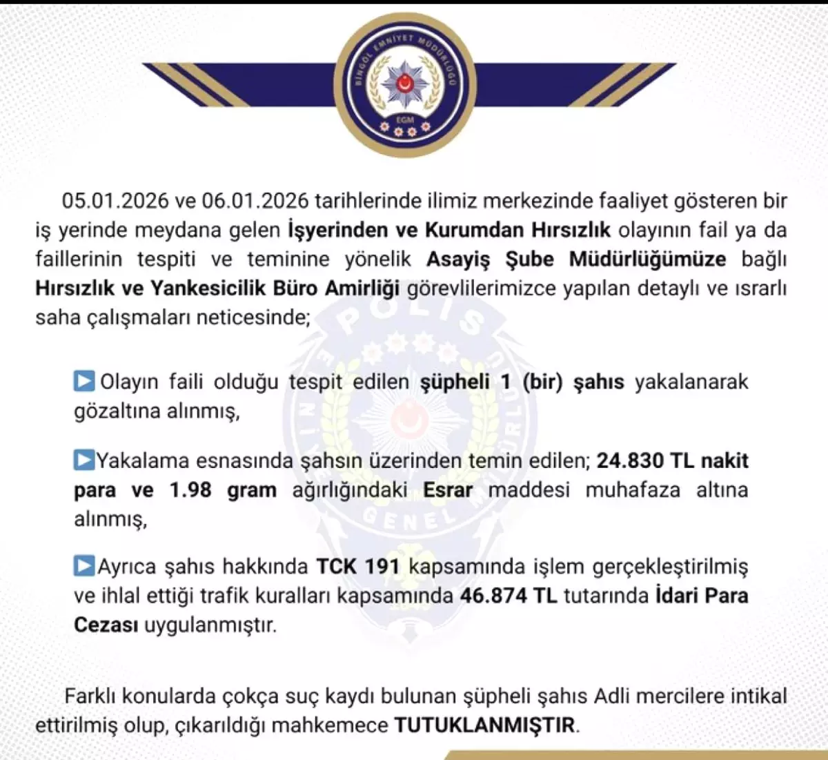 Bingöl\'de Hırsızlıktan Tutuklama