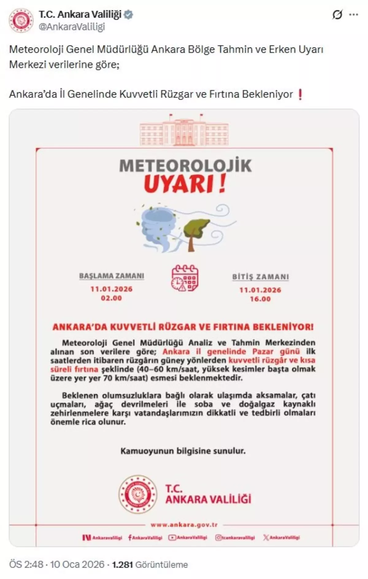 Ankara\'da Kuvvetli Rüzgar Uyarısı