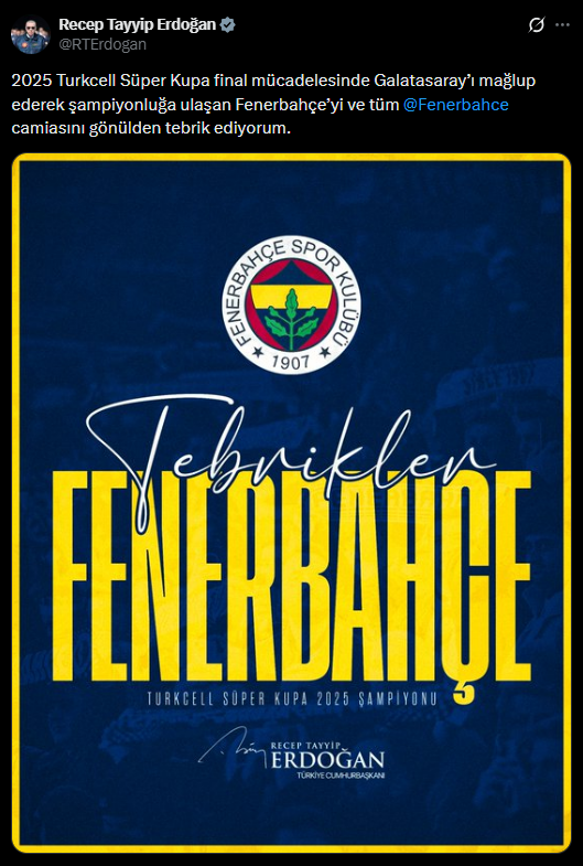 Cumhurbaşkanı Erdoğan'dan Fenerbahçe'ye Süper Kupa tebriği
