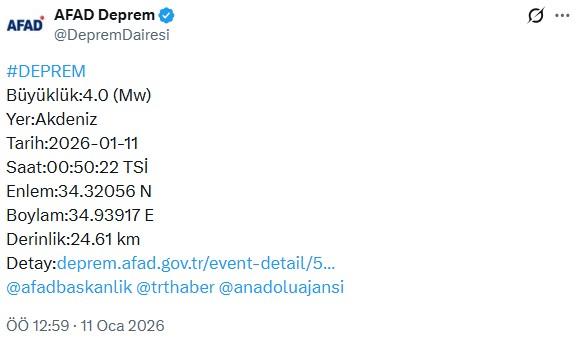 Akdeniz'de 4 büyüklüğünde deprem
