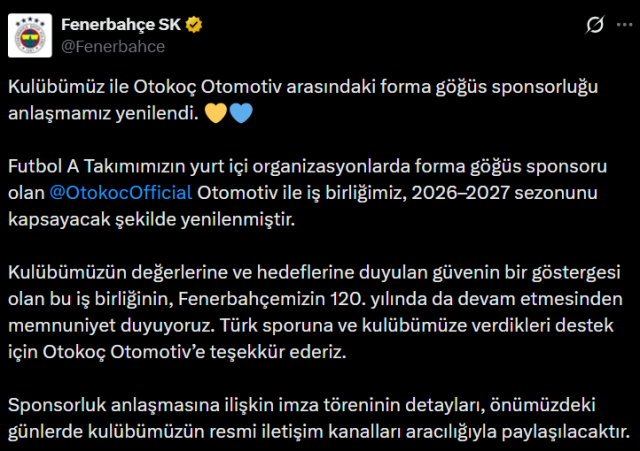 Ali Koç vazgeçmedi: Otokoç, Fenerbahçe ile göğüs sponsorluğunu yeniledi