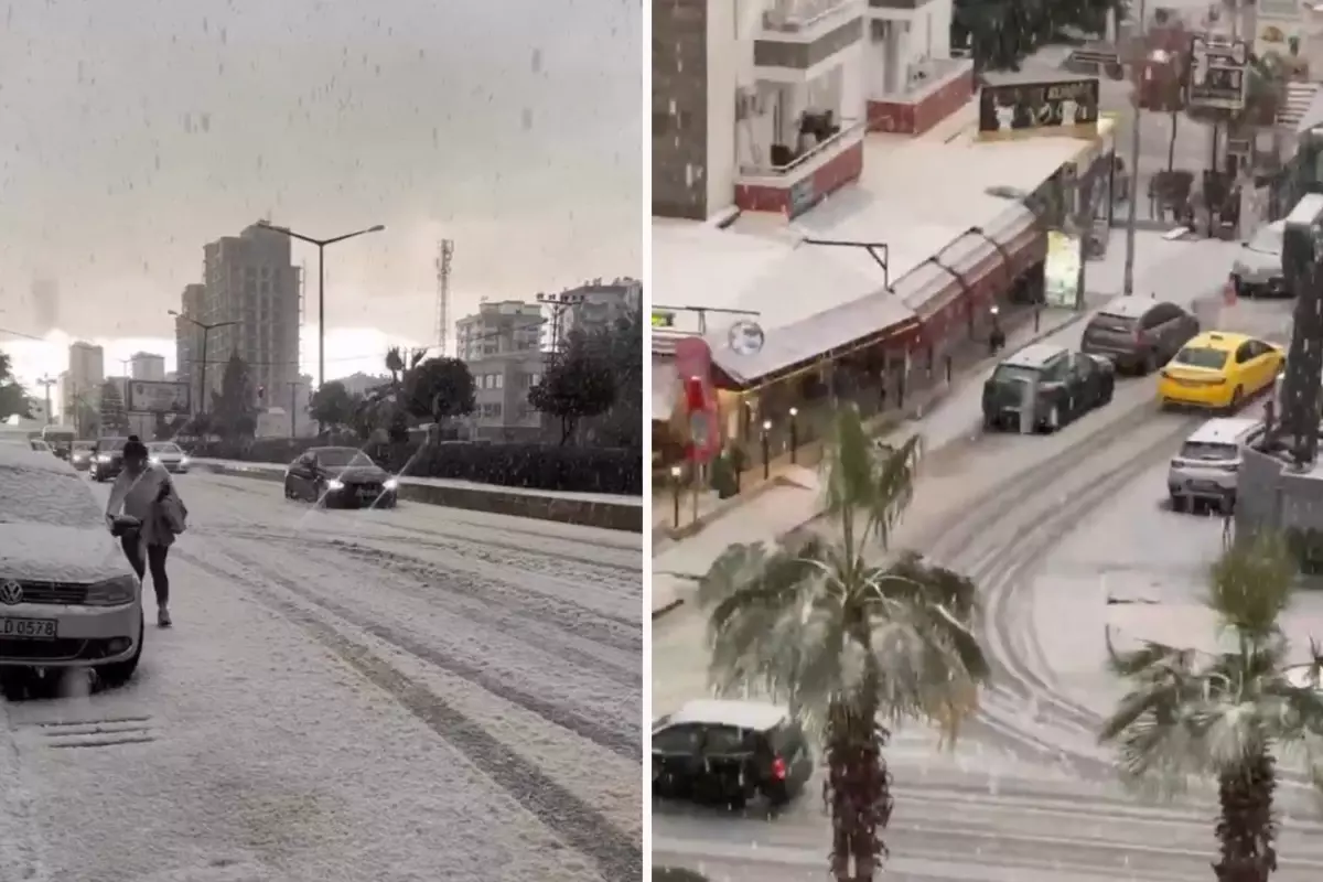 Mersin\'de dolu yağışıyla sokaklar beyaza büründü