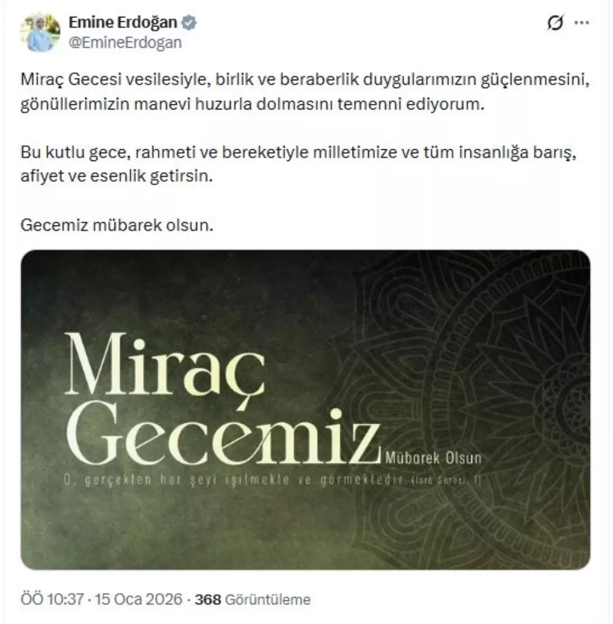 Emine Erdoğan\'dan \'Miraç Gecesi\' mesajı