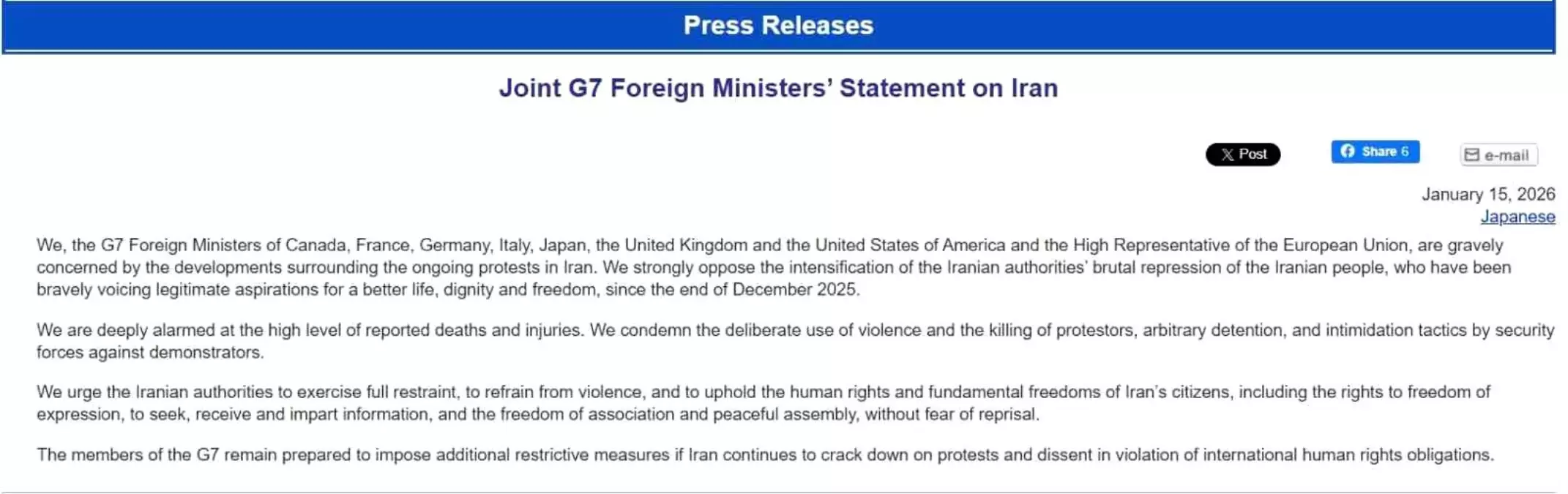 G7\'den İran\'a İnsan Hakları Uyarısı