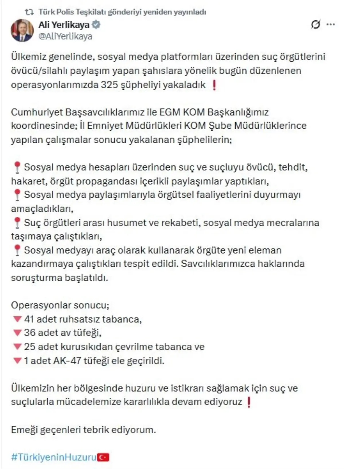 Sanal Medyada Suç Operasyonu: 325 Yakalama