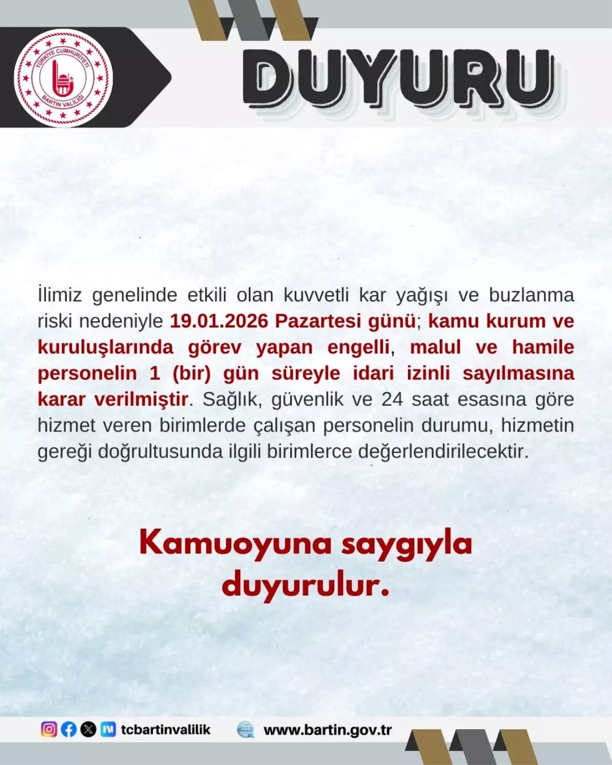 Bartın\'da Kamu Çalışanlarına İdari İzin