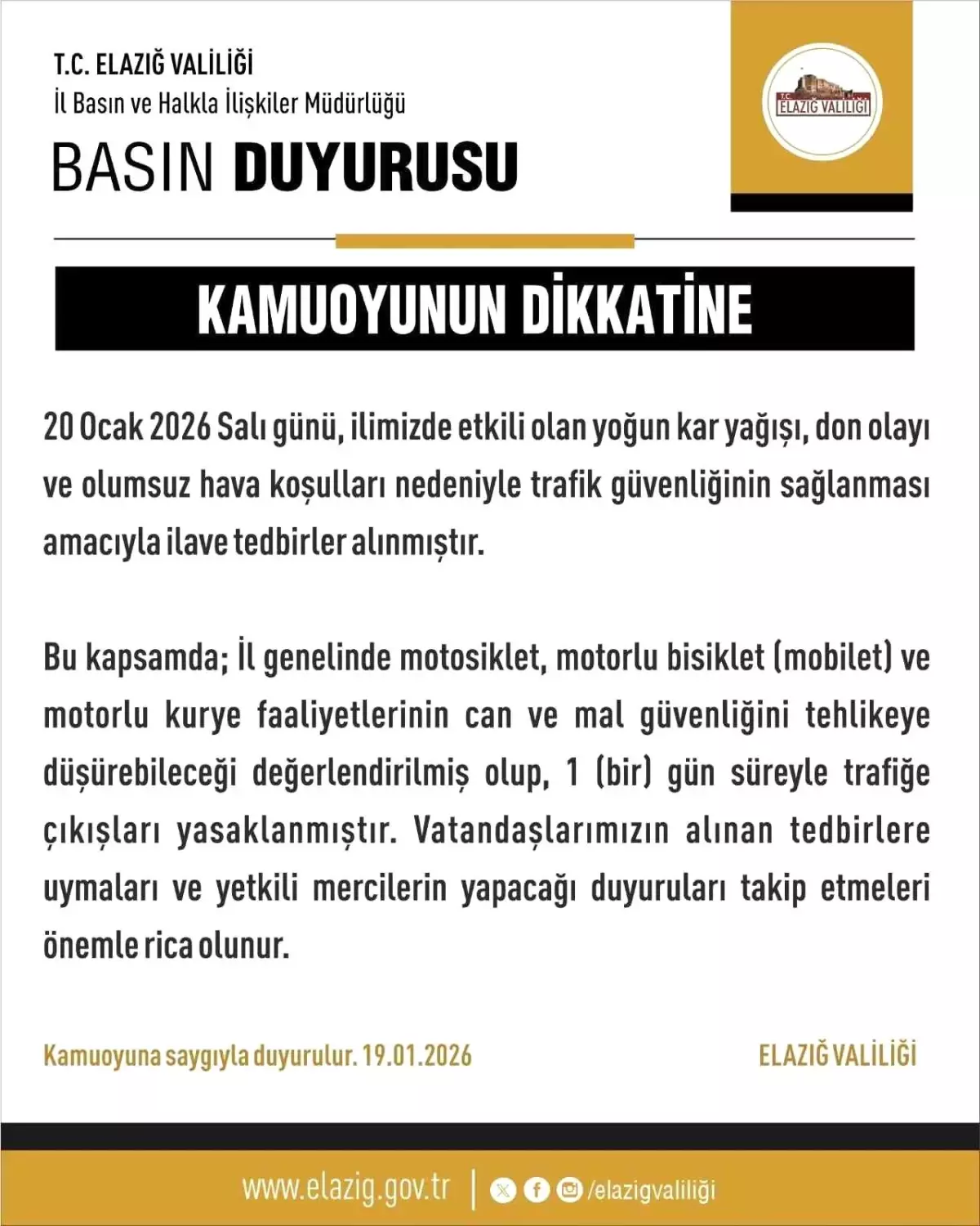 Elazığ\'da Motosiklet Trafiği 1 Gün Daha Yasaklandı