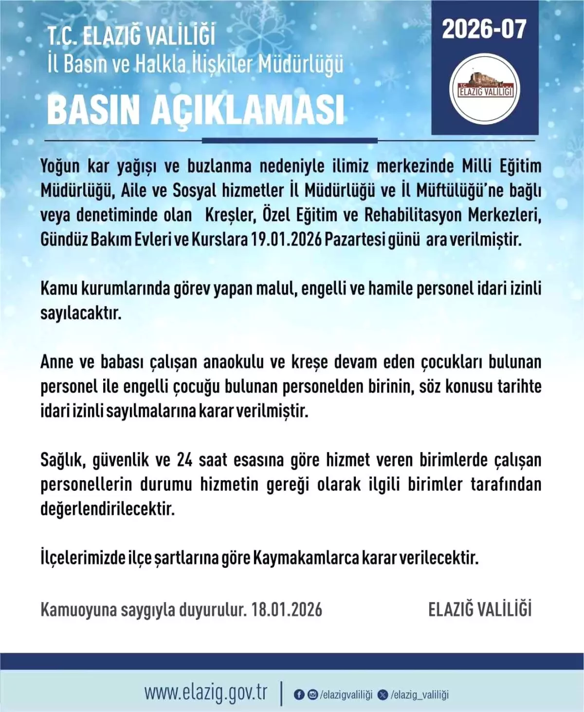 Elazığ\'da Kar nedeniyle Eğitime Ara