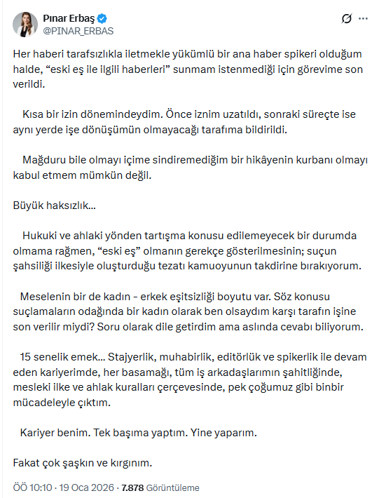Mehmet Akif Ersoy'un eski eşi Pınar Erbaş'ın işine son verildi
