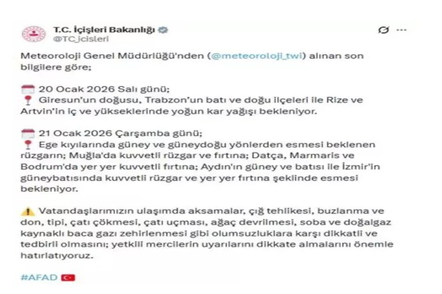 Bakanlıktan 'yoğun kar yağışı' ve 'fırtına' uyarısı