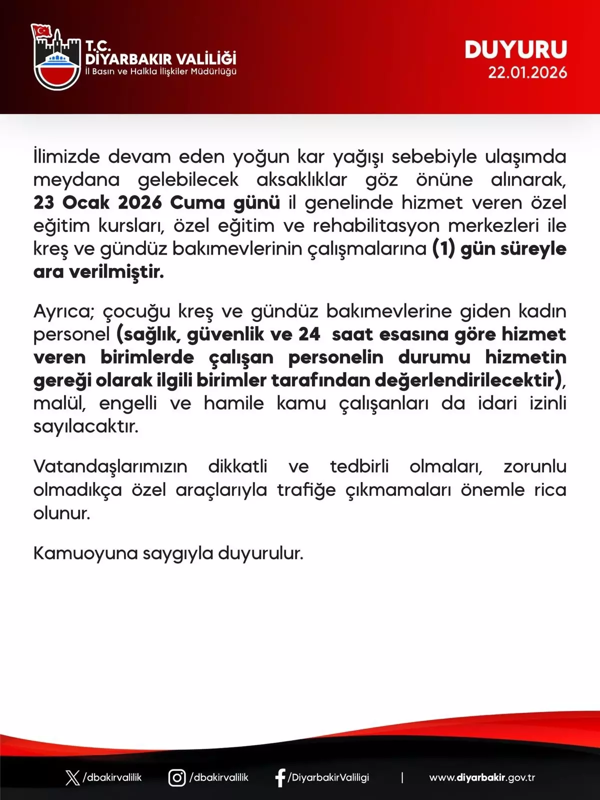 Diyarbakır\'da Kar Nedeniyle Eğitim Kurumları Tatil