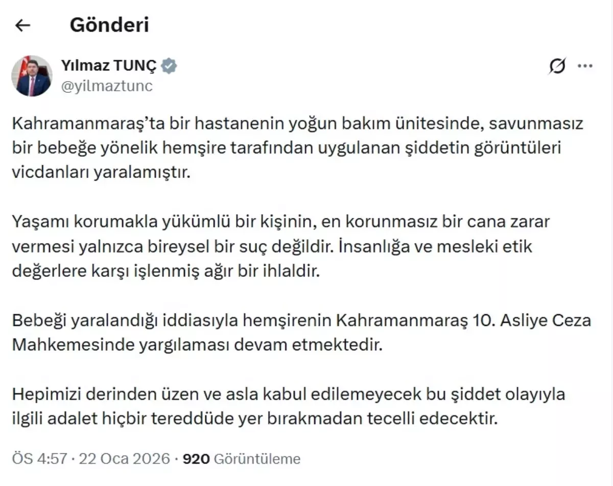 Bakan Tunç: Bebeklere Yönelik Şiddet İnsanlığa İhlal